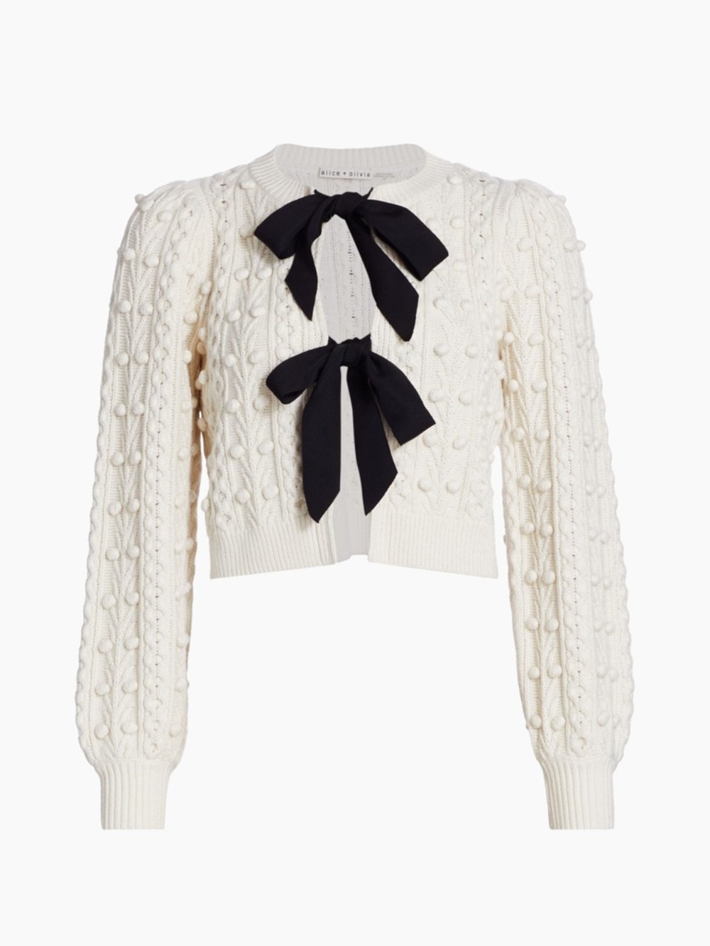 Alice + Olivia Cream Cable-Knit Cropped Cardigan with Black Bows
